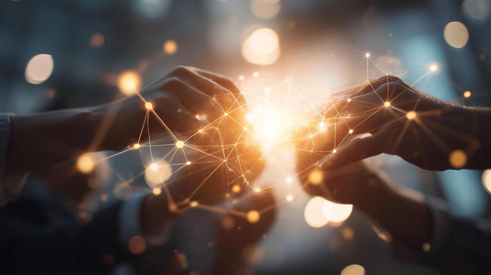 Hands connecting glowing network nodes representing global business connections