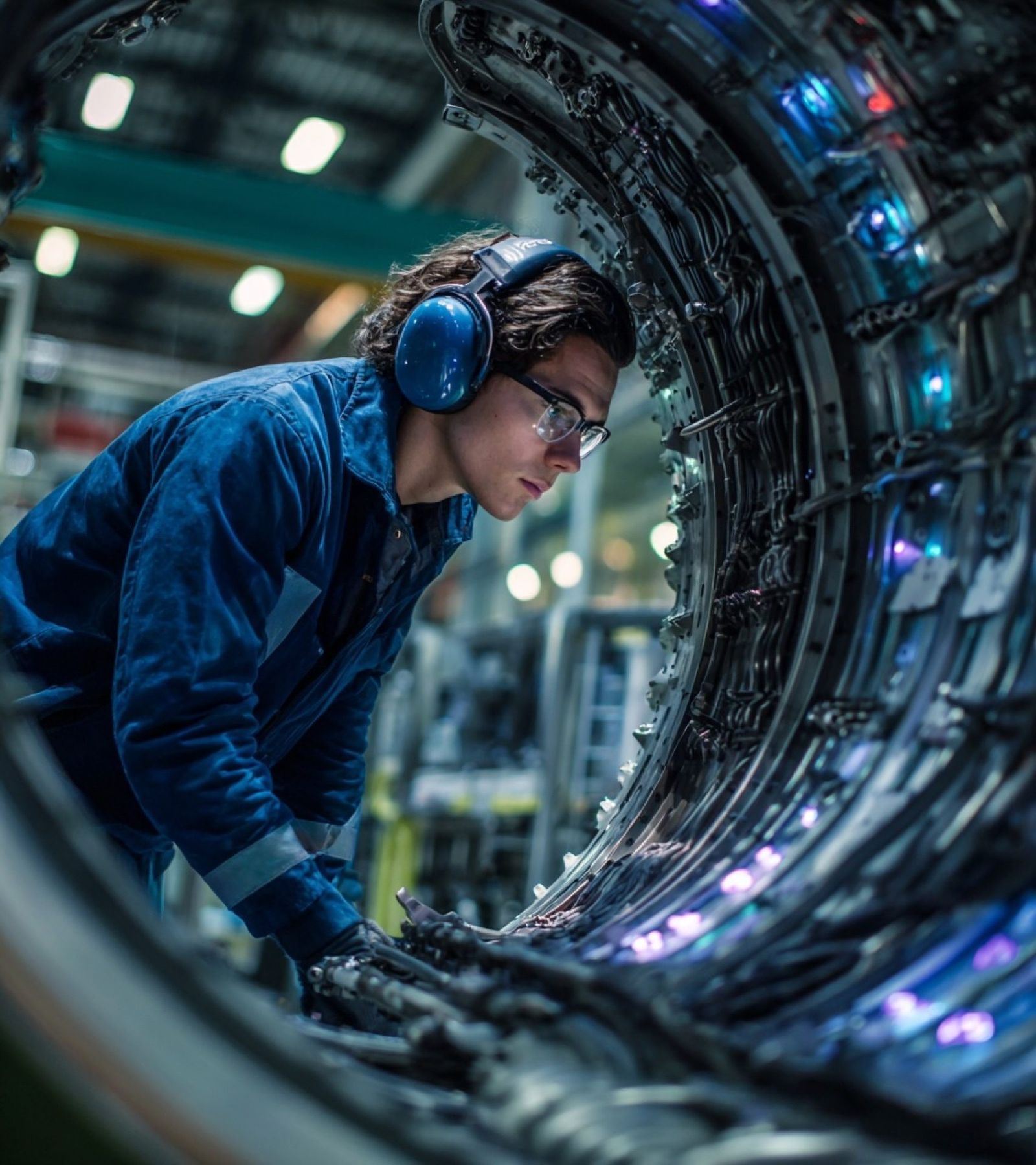 Engineer inspecting an aircraft engine in a factory