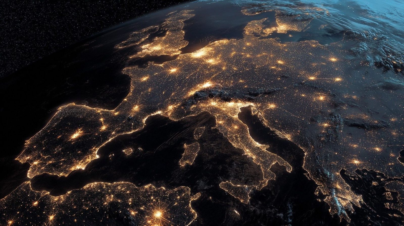 Europe at night viewed from space showing city lights across the continent