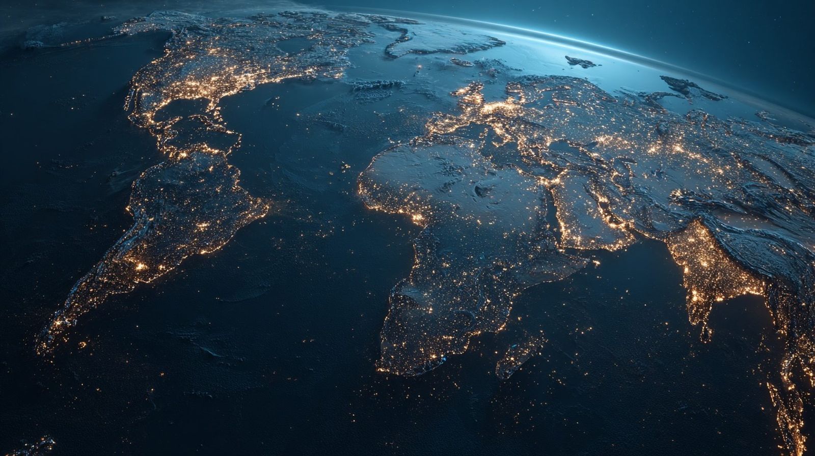 World map at night showing city lights across continents