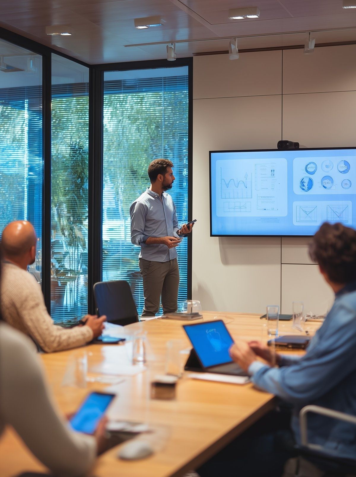 Business presentation meeting with data analytics on screen