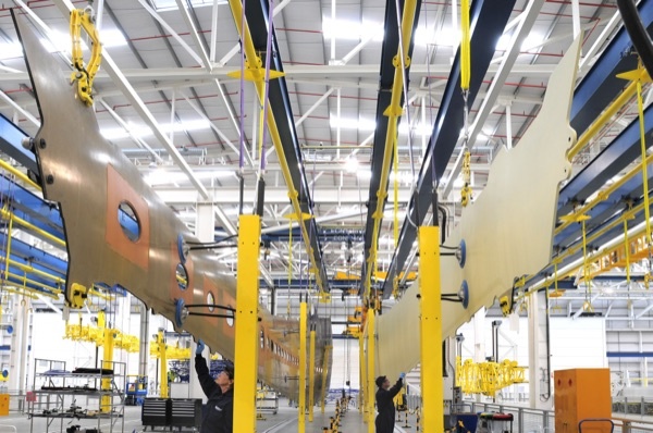 Aircraft wing panels on the assembly line