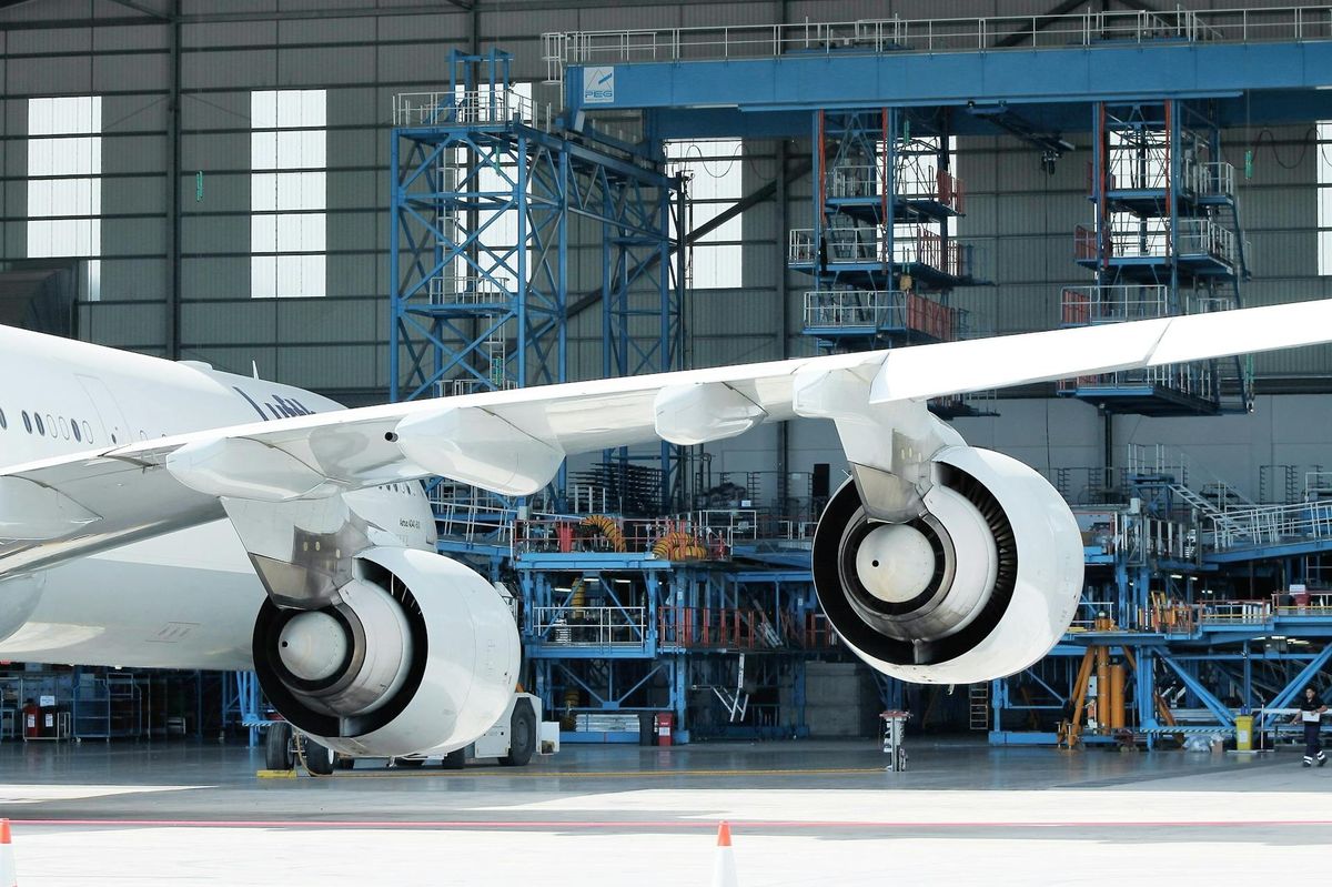 Commercial aircraft engines in a maintenance hangar
