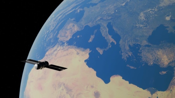 Satellite orbiting Earth over the Mediterranean Sea and Europe