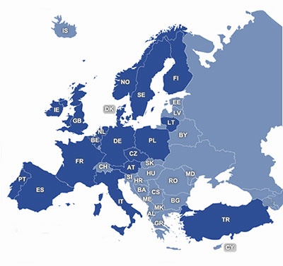 Map of European aerospace sales territory coverage